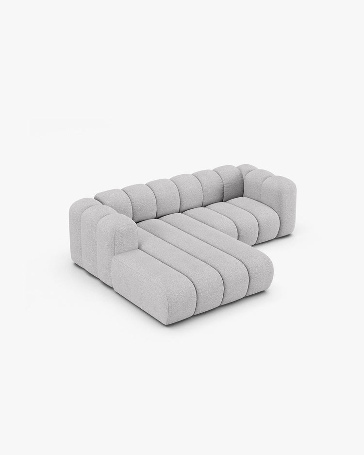 PolsterOase Sofa – Grandé Ecksofa 3-Sitzer in Bouclé, 230 cm Breite, Grau, Links – Perspektivische Ansicht