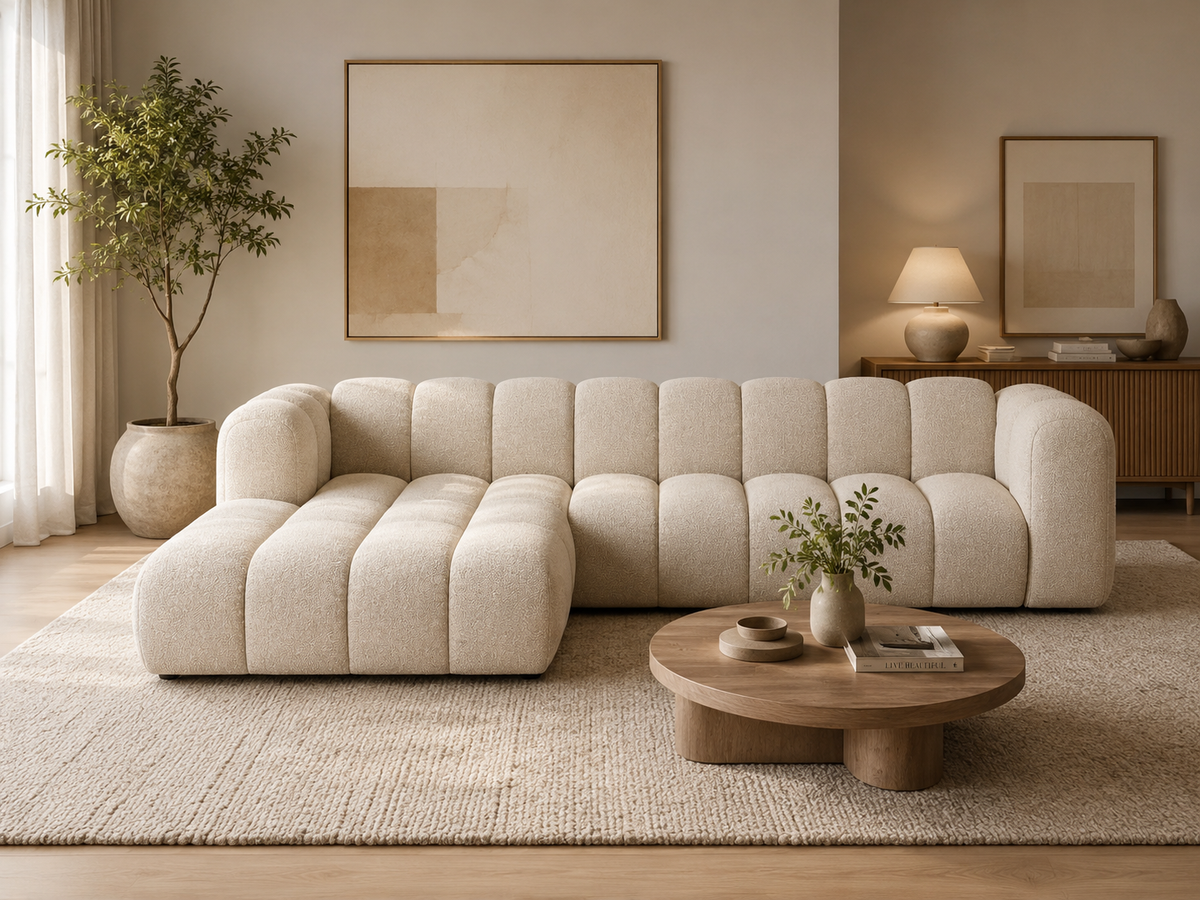 PolsterOase Sofa – Grandé Ecksofa 4-Sitzer in Bouclé, 290 cm Breite, Beige, Links – Frontalansicht