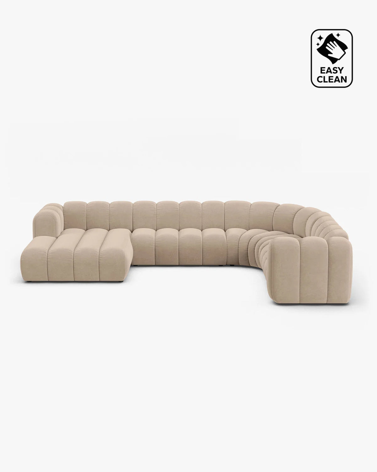 PolsterOase Sofa – Grandé Wohnlandschaft 6-Sitzer in Samt, 370 cm Breite, Beige, Rechts – Frontalansicht