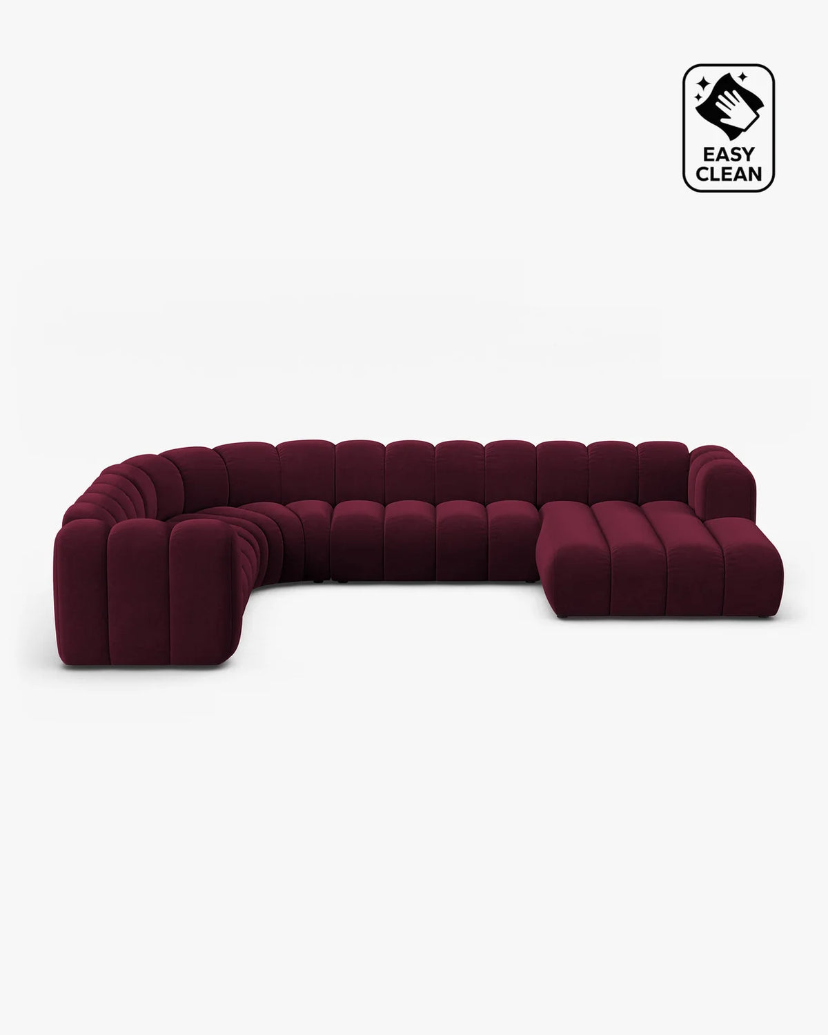 PolsterOase Sofa – Grandé Wohnlandschaft 6-Sitzer in Samt, 370 cm Breite, Burgund, Links – Frontalansicht