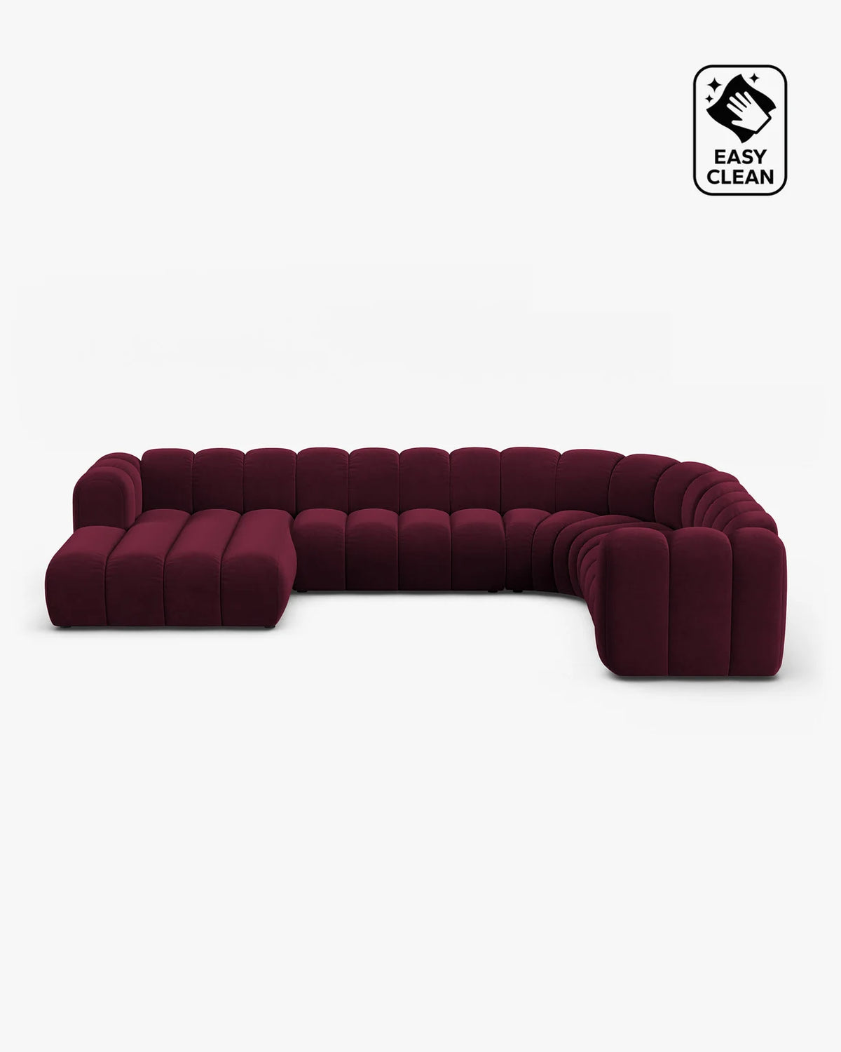PolsterOase Sofa – Grandé Wohnlandschaft 6-Sitzer in Samt, 370 cm Breite, Burgund, Rechts – Frontalansicht