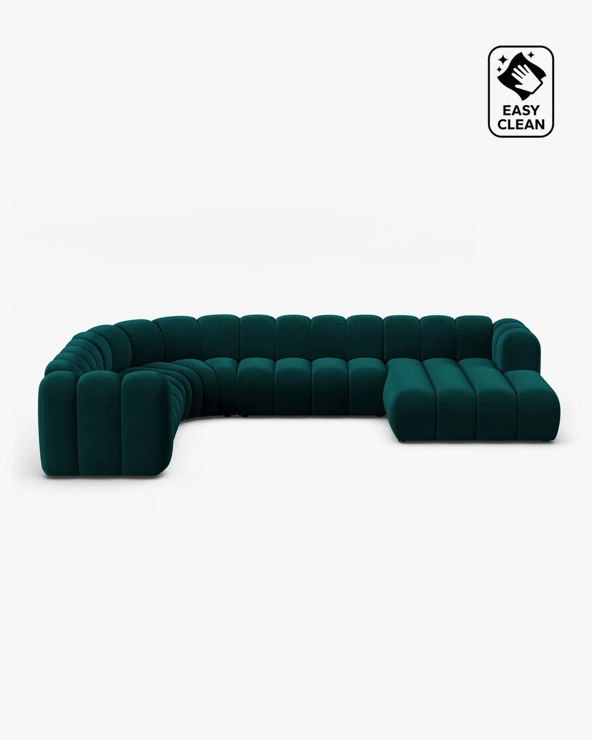 PolsterOase Sofa – Grandé Wohnlandschaft 6-Sitzer in Samt, 370 cm Breite, Deep Petrol, Links – Frontalansicht