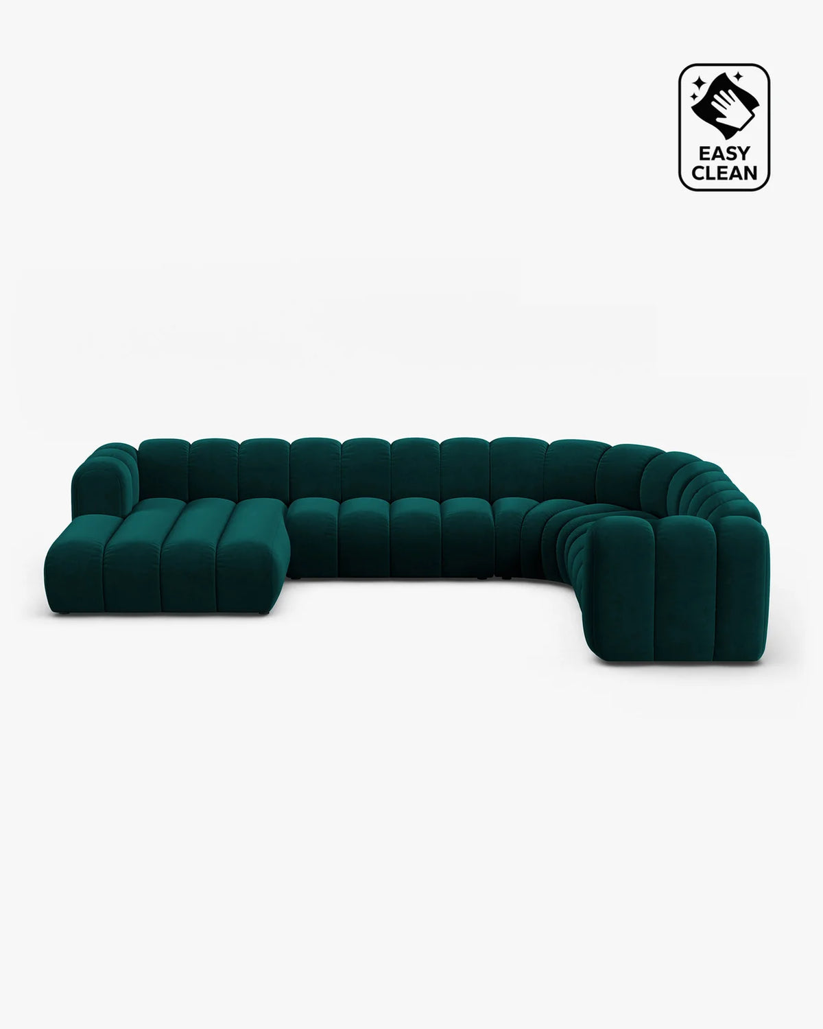 PolsterOase Sofa – Grandé Wohnlandschaft 6-Sitzer in Samt, 370 cm Breite, Deep Petrol, Rechts – Frontalansicht
