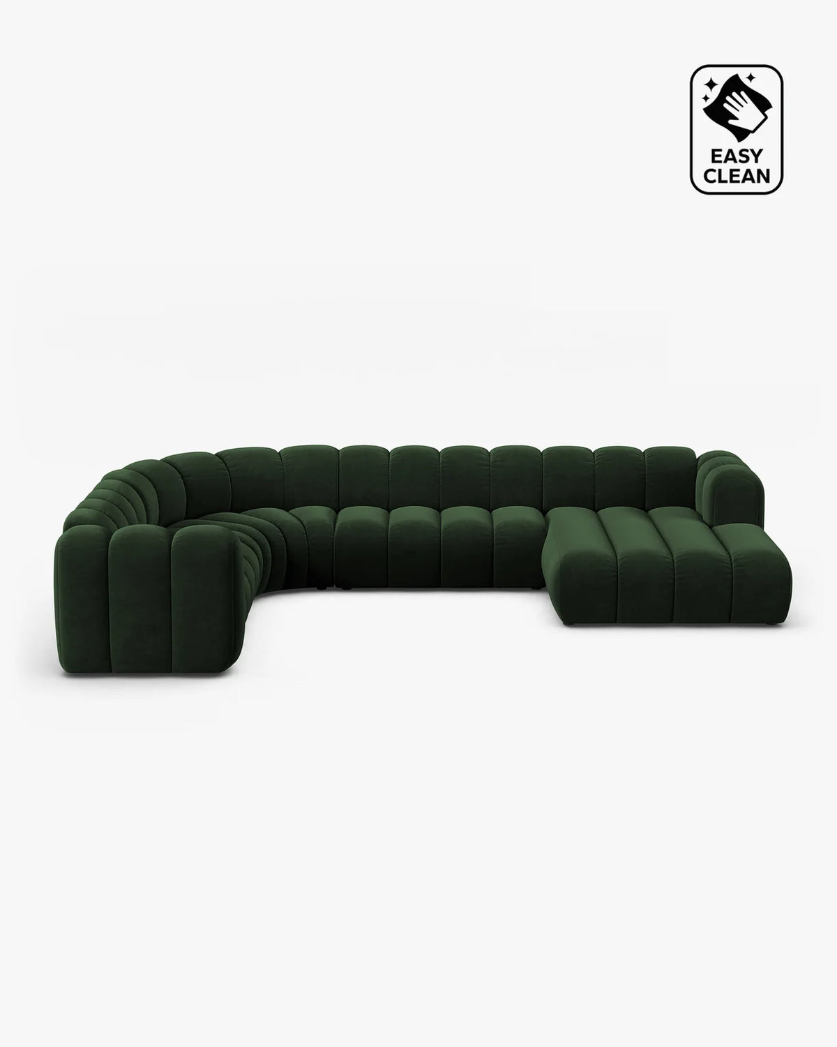 PolsterOase Sofa – Grandé Wohnlandschaft 6-Sitzer in Samt, 370 cm Breite, Flaschengrün, Links – Frontalansicht