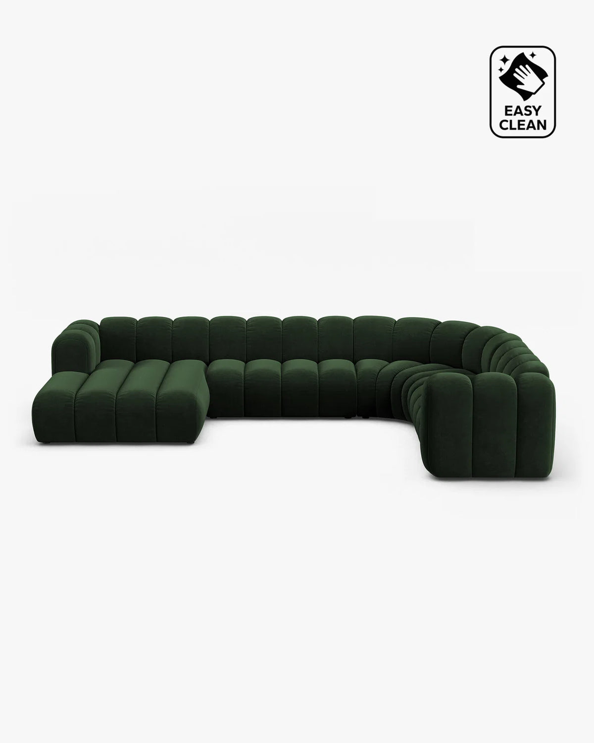 PolsterOase Sofa – Grandé Wohnlandschaft 6-Sitzer in Samt, 370 cm Breite, Flaschengrün, Rechts – Frontalansicht