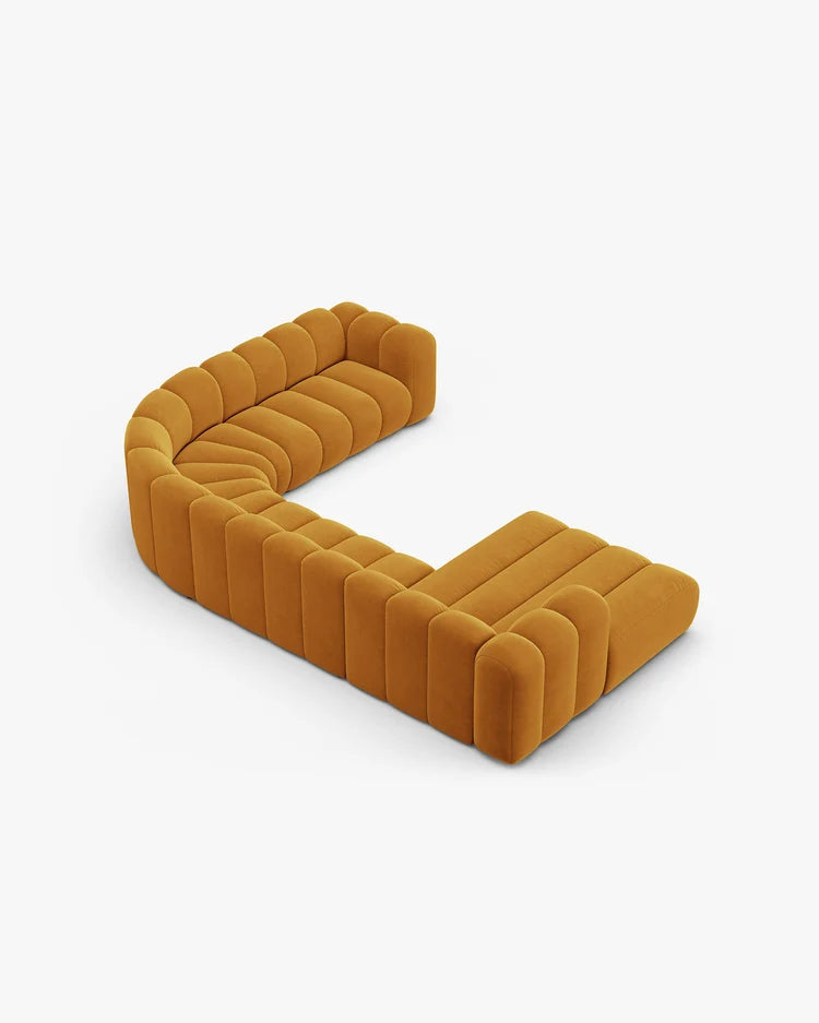 PolsterOase Sofa – Grandé Wohnlandschaft 6-Sitzer in Samt, 370 cm Breite, Gelb, Rechts – Detailansicht