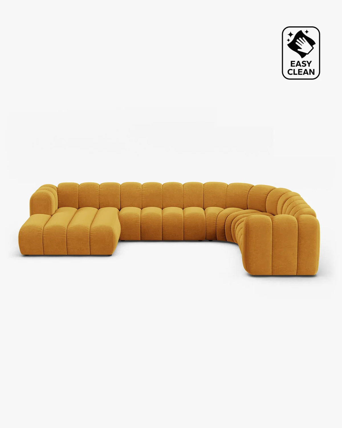 PolsterOase Sofa – Grandé Wohnlandschaft 6-Sitzer in Samt, 370 cm Breite, Gelb, Rechts – Frontalansicht
