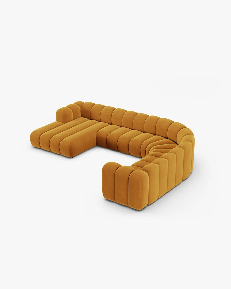 PolsterOase Sofa – Grandé Wohnlandschaft 6-Sitzer in Samt, 370 cm Breite, Gelb, Rechts – Perspektivische Ansicht