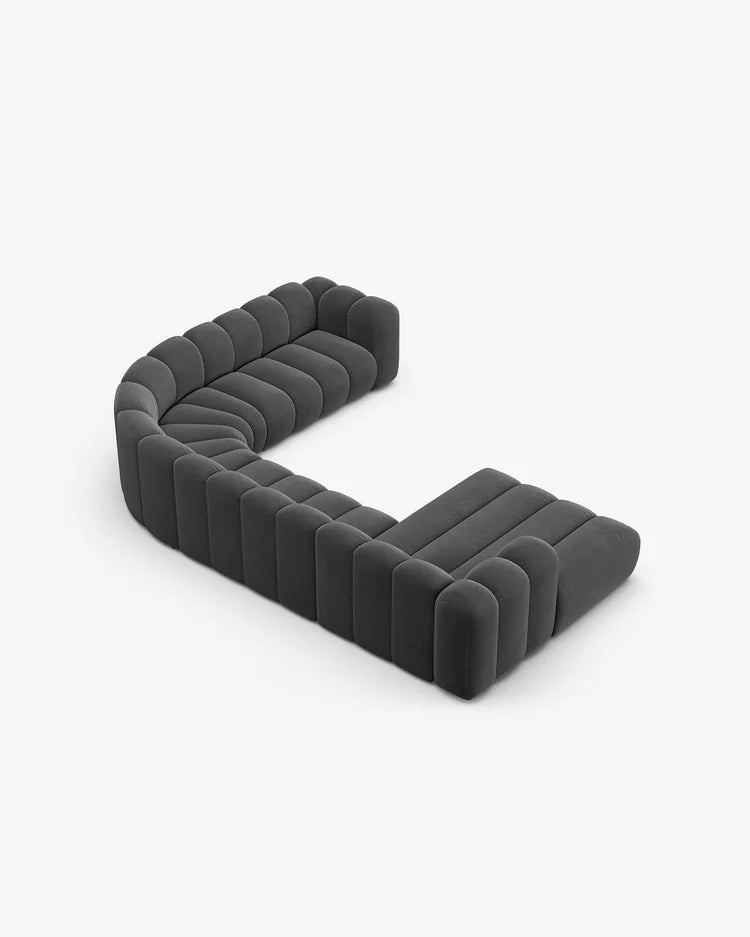 PolsterOase Sofa – Grandé Wohnlandschaft 6-Sitzer in Samt, 370 cm Breite, Grau, Rechts – Detailansicht