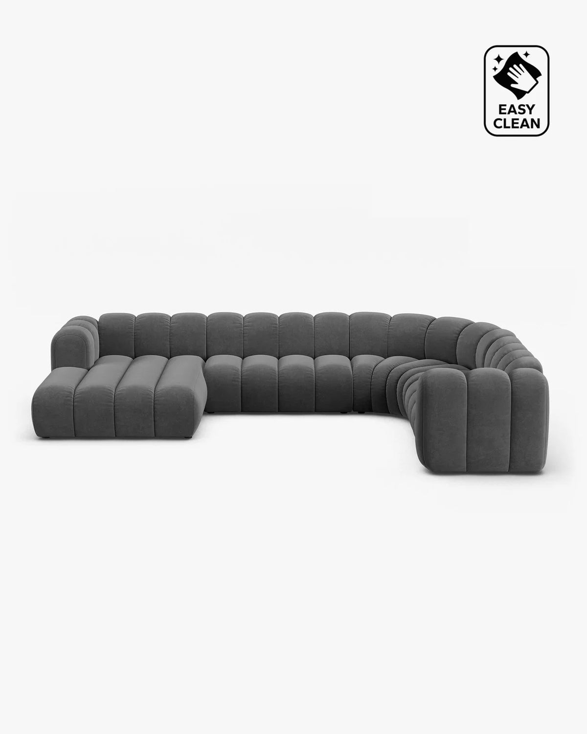 PolsterOase Sofa – Grandé Wohnlandschaft 6-Sitzer in Samt, 370 cm Breite, Grau, Rechts – Frontalansicht