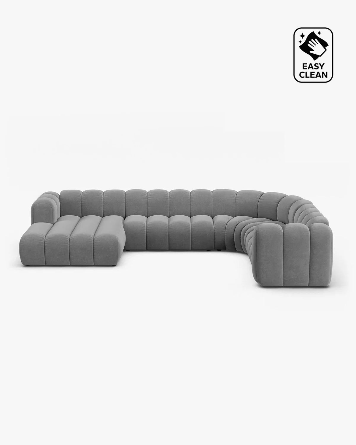 PolsterOase Sofa – Grandé Wohnlandschaft 6-Sitzer in Samt, 370 cm Breite, Hellgrau, Rechts – Frontalansicht
