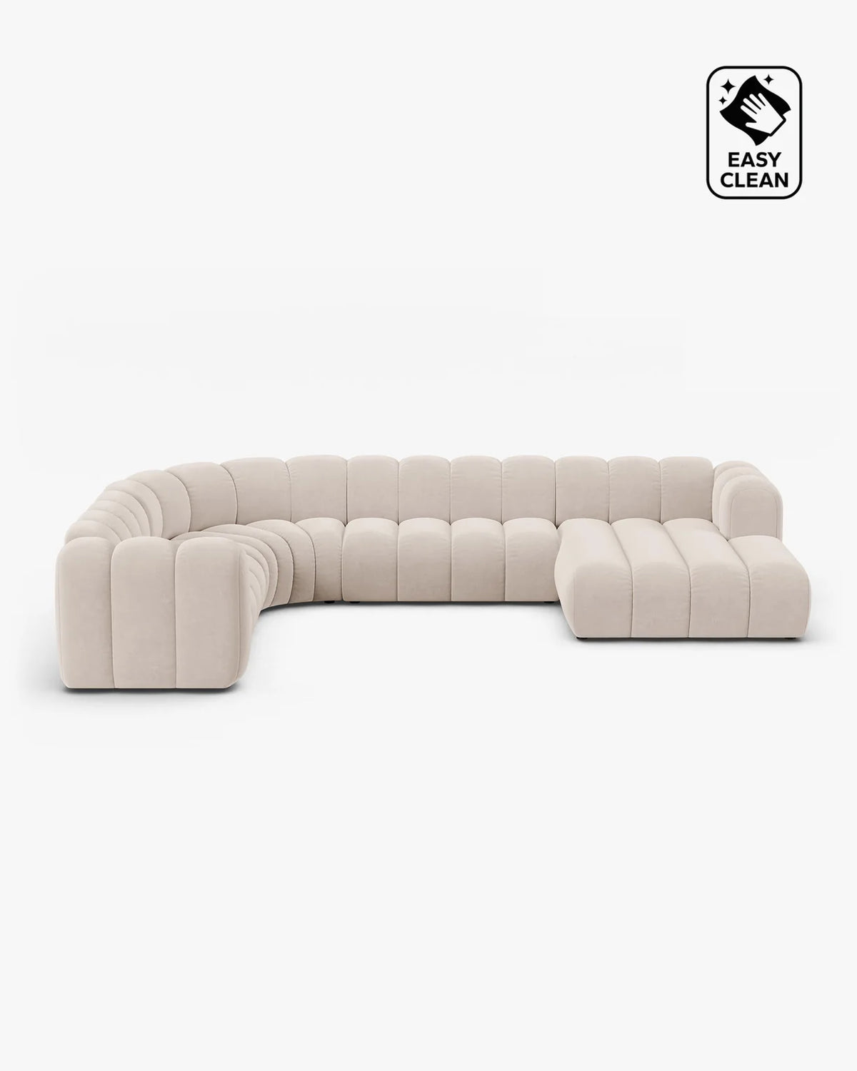 PolsterOase Sofa – Grandé Wohnlandschaft 6-Sitzer in Samt, 370 cm Breite, Leichtes beige, Links – Frontalansicht