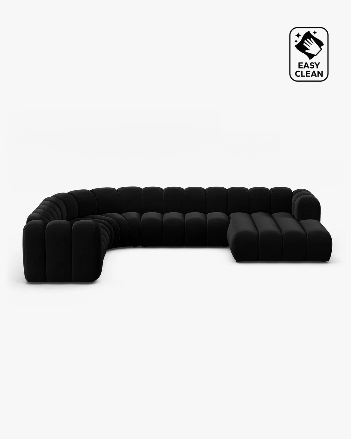 PolsterOase Sofa – Grandé Wohnlandschaft 6-Sitzer in Samt, 370 cm Breite, Schwarz, Links – Frontalansicht