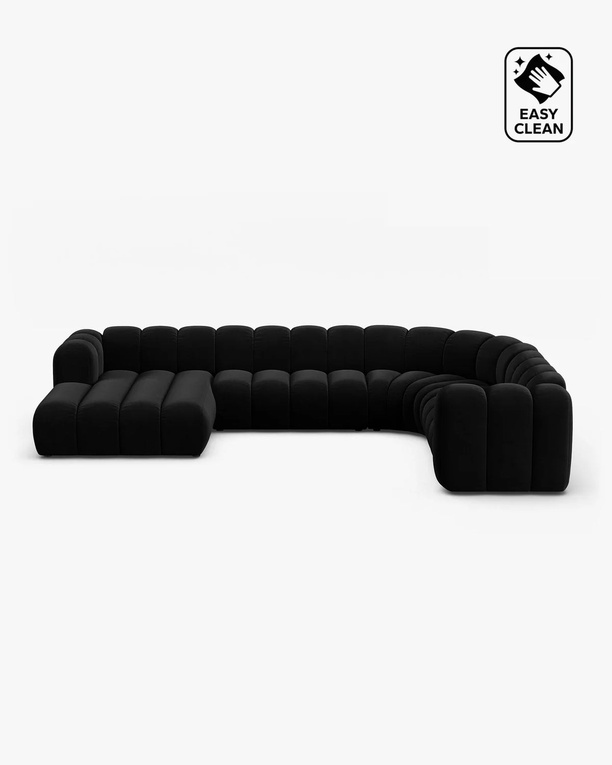 PolsterOase Sofa – Grandé Wohnlandschaft 6-Sitzer in Samt, 370 cm Breite, Schwarz, Rechts – Frontalansicht
