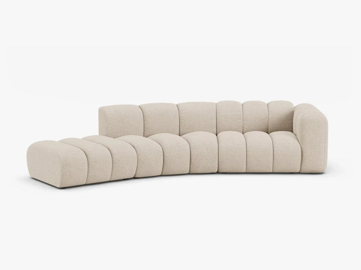 PolsterOase Sofa – Grandé offenes rundes Sofa 5-Sitzer in Bouclé, 335 cm Breite, Beige, Links – Seitenansicht