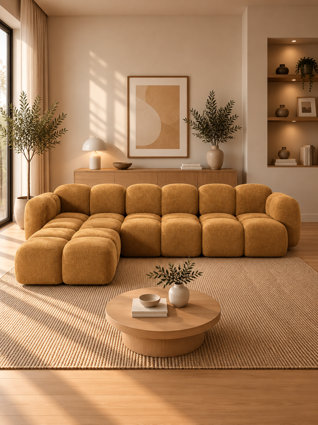 PolsterOase Sofa – Luno Ecksofa 3-Sitzer in Bouclé, 305 cm Breite, Gold, Links – zusätzliche Ansicht