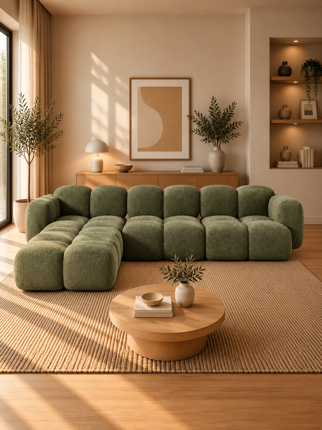 PolsterOase Sofa – Luno Ecksofa 3-Sitzer in Bouclé, 305 cm Breite, Grün, Links – zusätzliche Ansicht