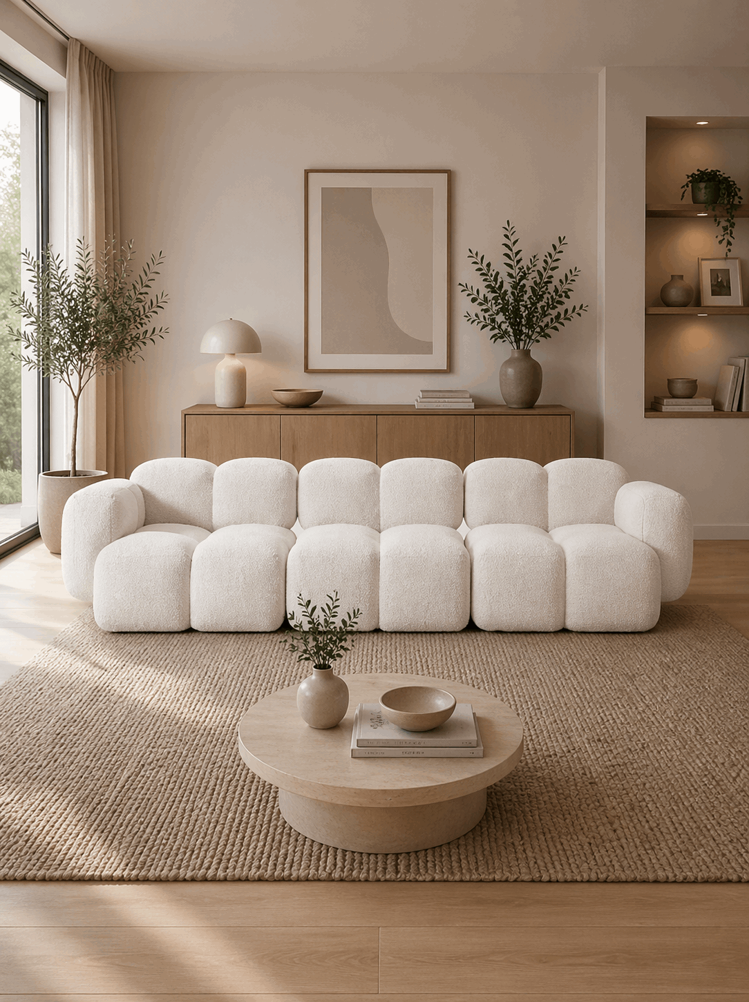 PolsterOase Sofa – Luno Modulsofa 3-Sitzer in Bouclé, 305 cm Breite, Weiß – Frontalansicht