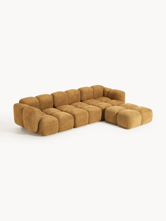 PolsterOase Sofa – Luno Modulsofa (Ecksofa) 3-Sitzer in Bouclé, 305 cm Breite, Gold, Rechts – Detailansicht
