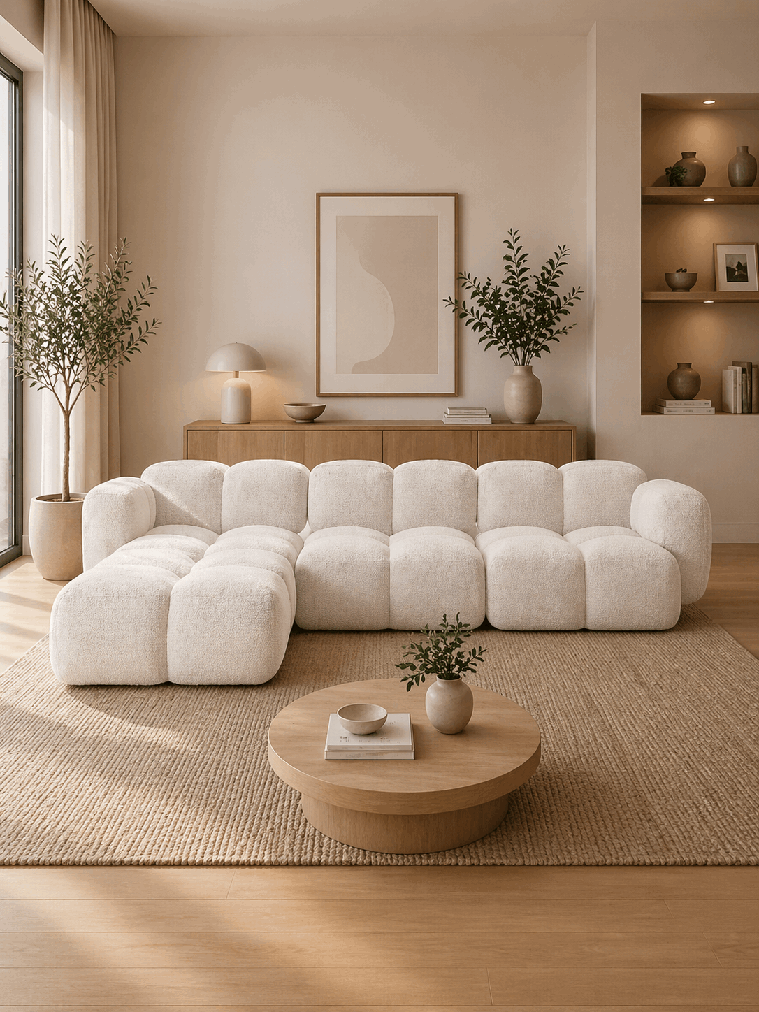 PolsterOase Sofa – Luno Modulsofa (Ecksofa) 3-Sitzer in Bouclé, 305 cm Breite, Weiß, Links – Frontalansicht