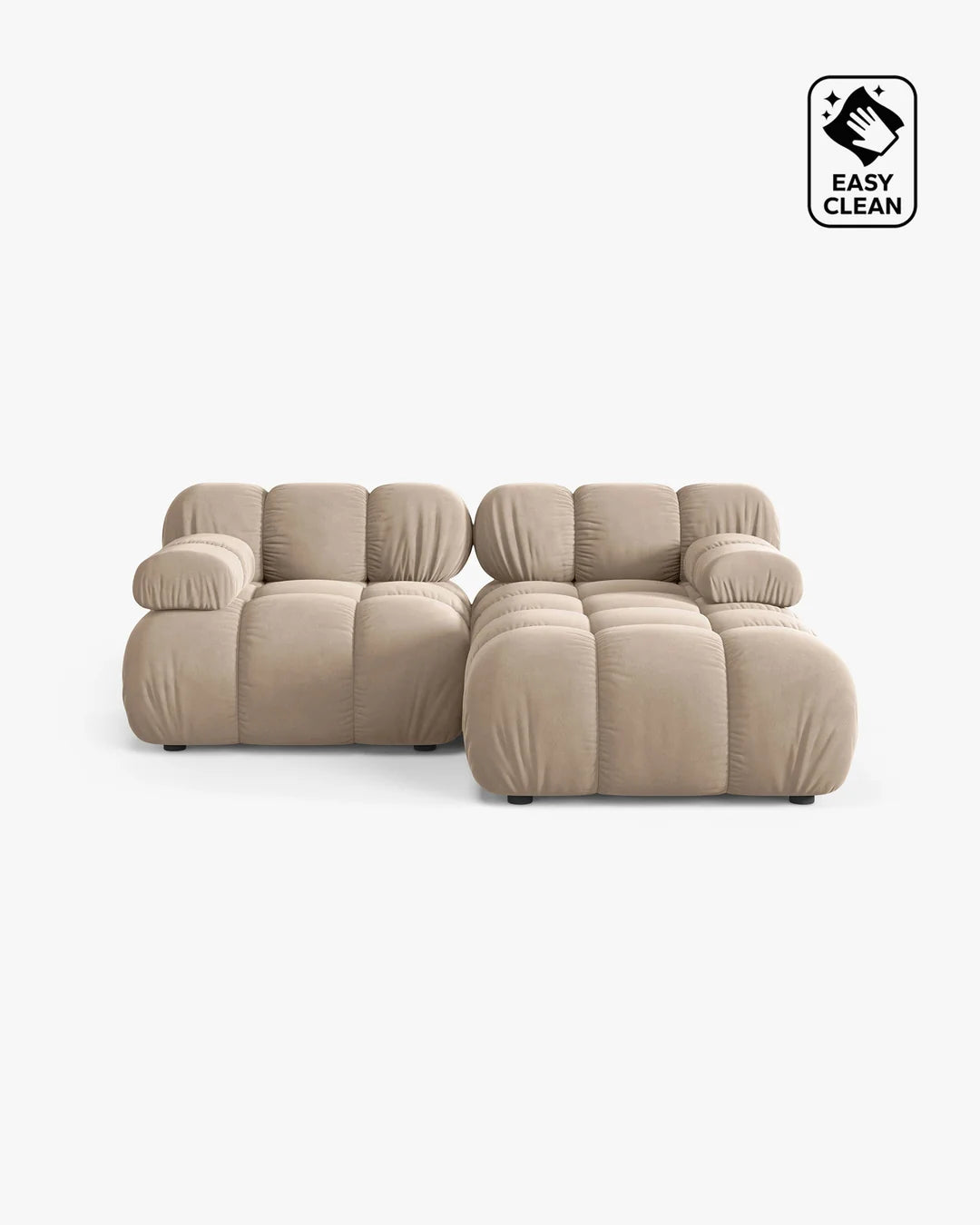 PolsterOase Sofa – Selene Ecksofa 2-Sitzer in Samt, 190 cm Breite, Beige, Rechts – Frontalansicht