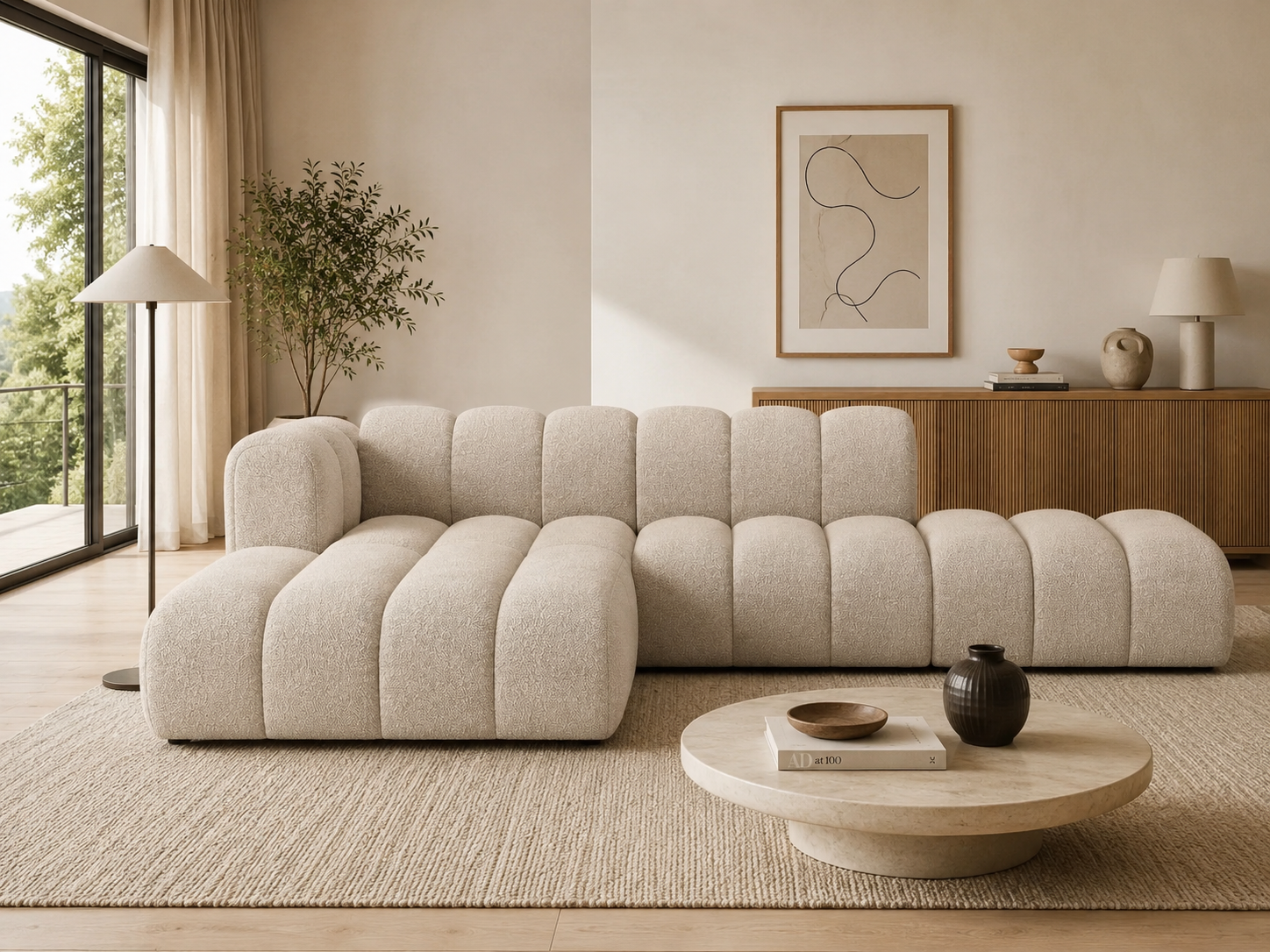 PolsterOase Grandé Ecksofa (links) in Bouclé, 299 cm Breite - Modulsofa -01 #Variant_Beige