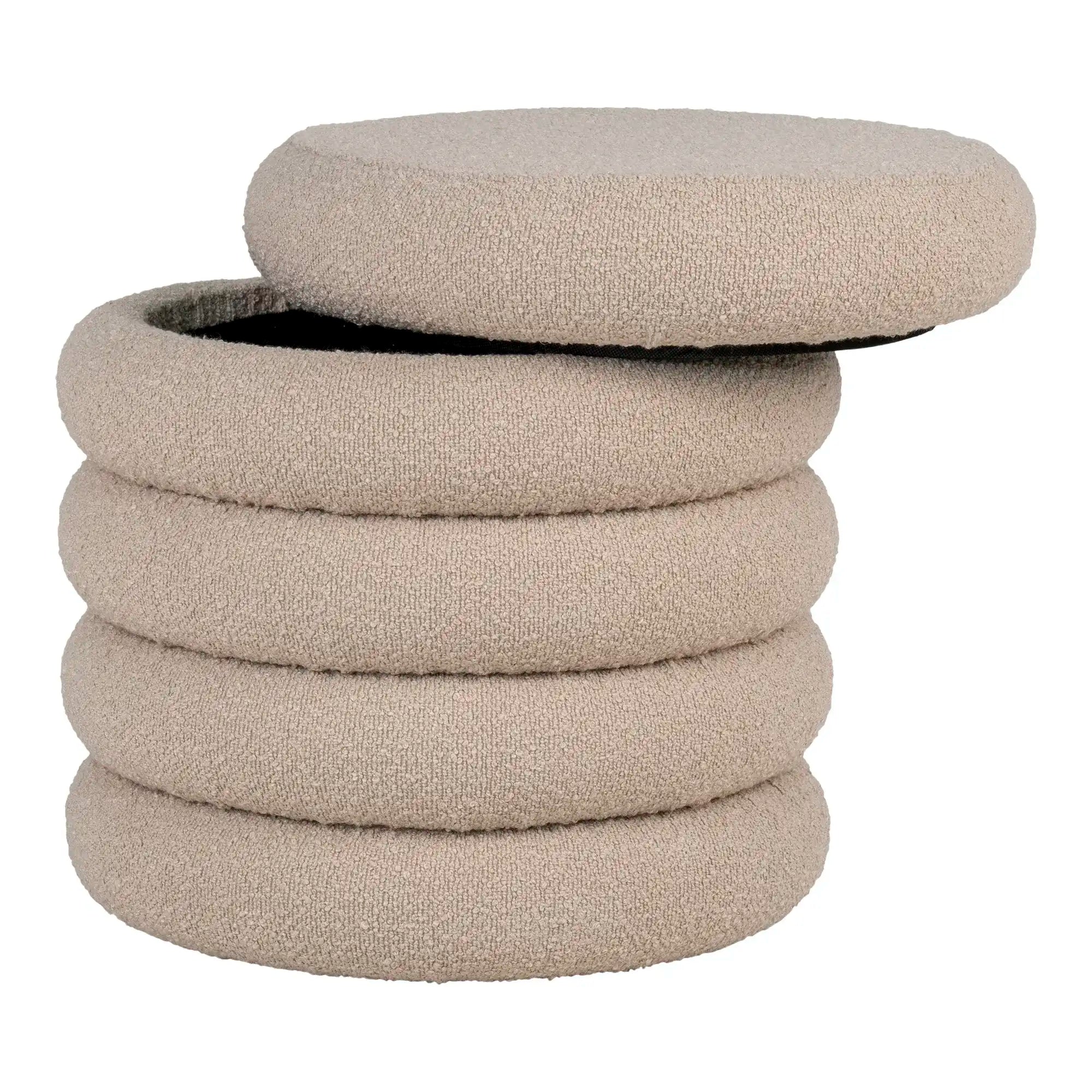Pouf mit Stauraum in Beige Bouclé Ø44 cm – Moderner Sitzhocker mit Funktion