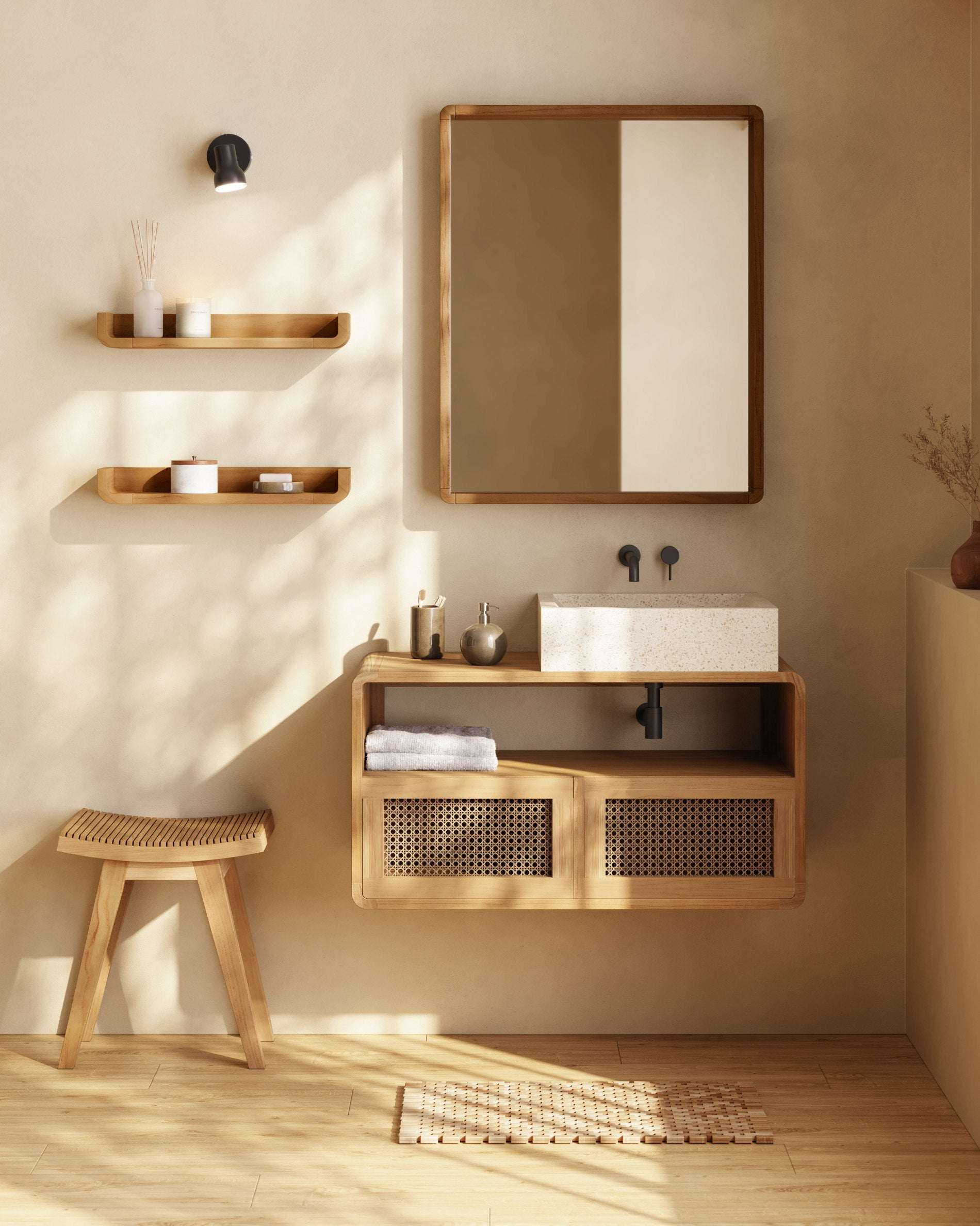 Shamel Wandregal Set (2er) aus massivem Teakholz – Feuchtigkeitsresistent & Spa-Design