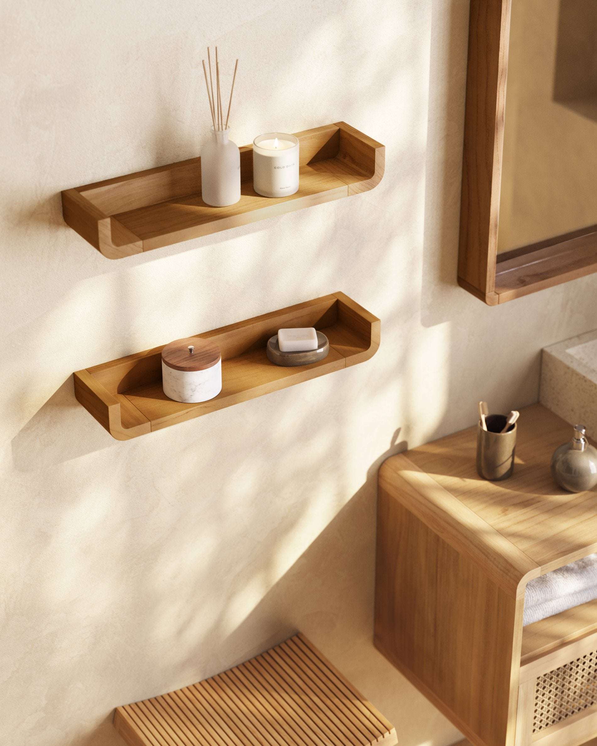 Shamel Wandregal Set (2er) aus massivem Teakholz – Feuchtigkeitsresistent & Spa-Design