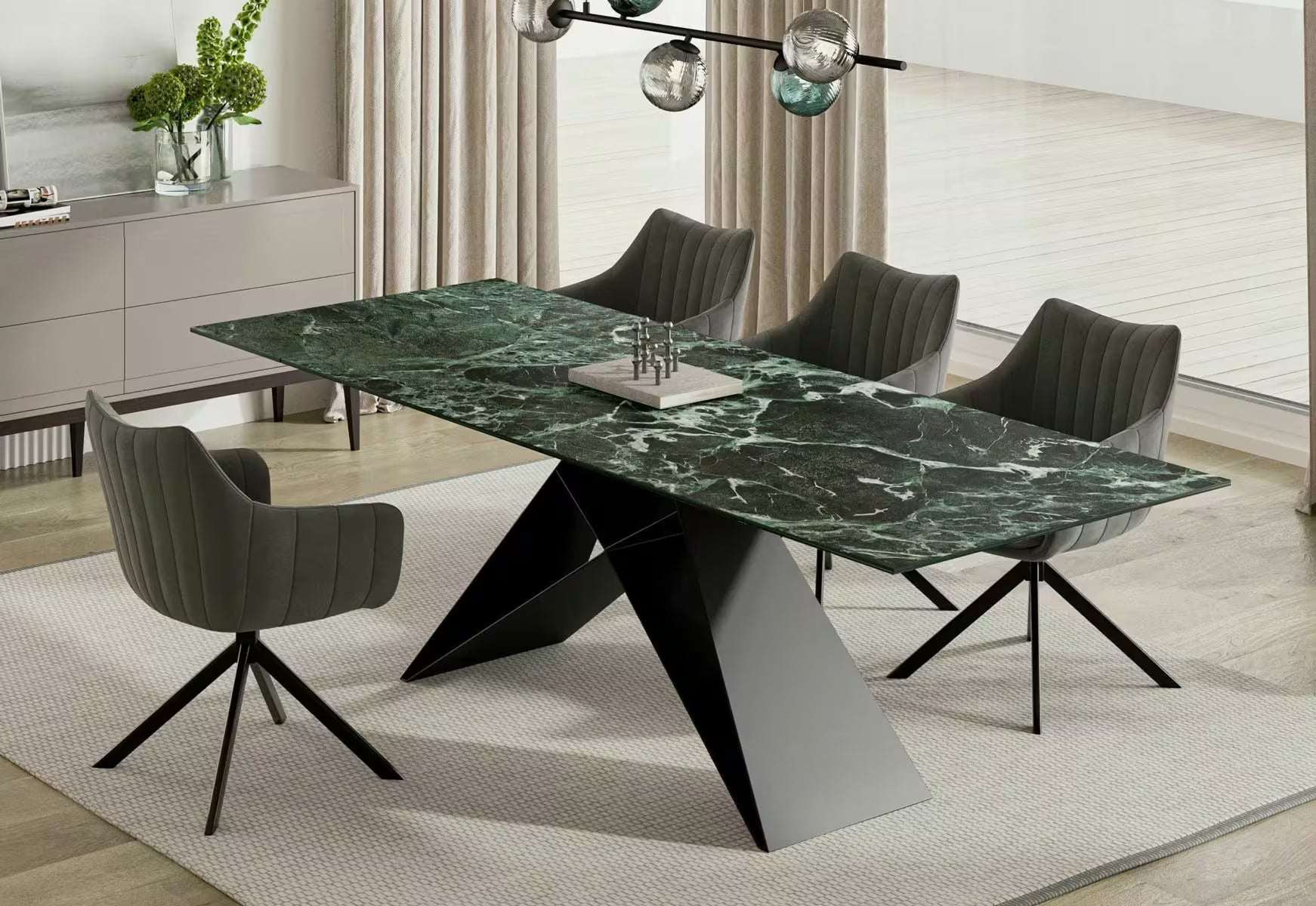 VEVANO Esstisch 160–240 cm – Design Keramiktisch ausziehbar (Grün Marmor / Schwarz Matt)