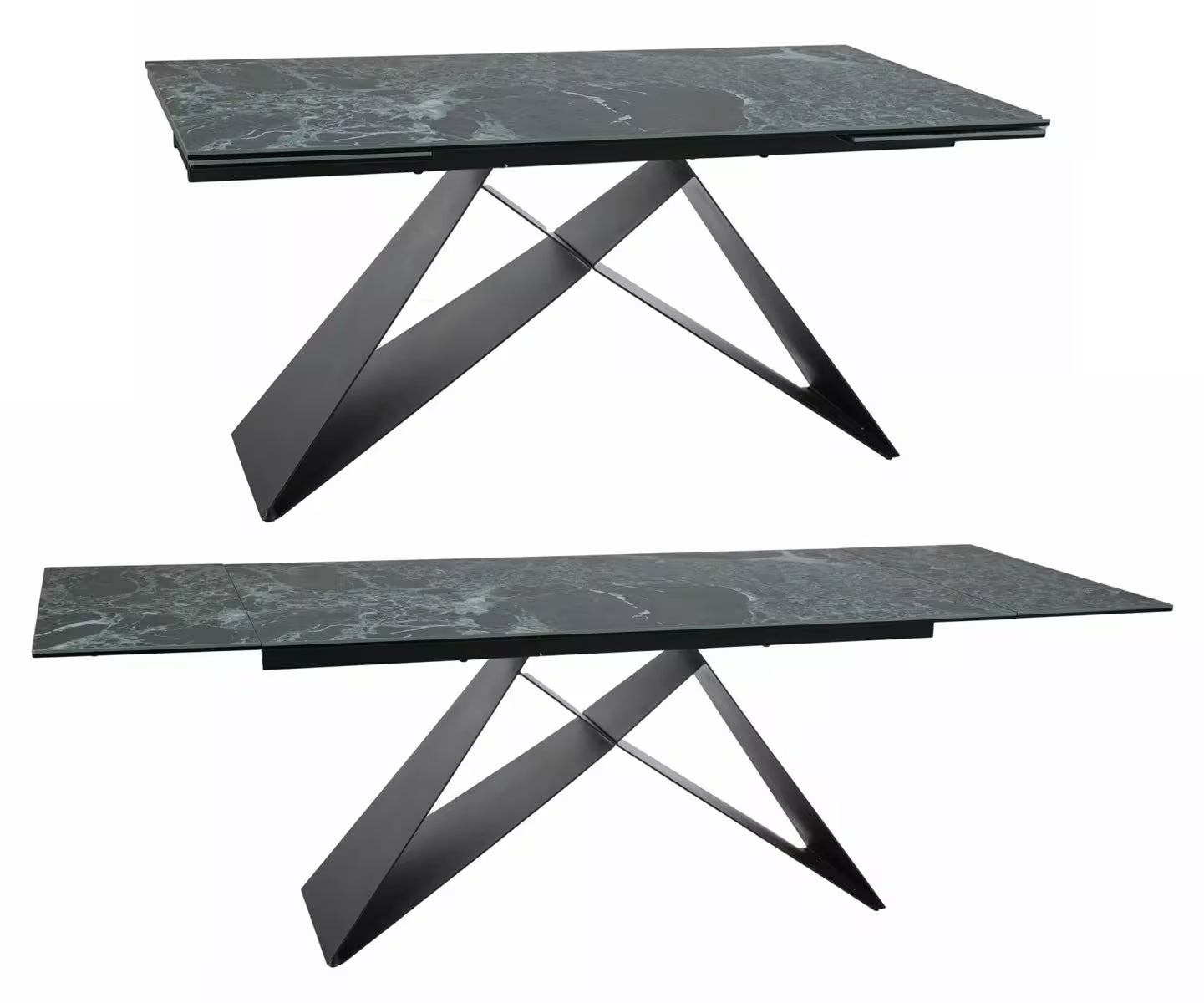 VEVANO Esstisch 160–240 cm – Design Keramiktisch ausziehbar (Grün Marmor / Schwarz Matt)
