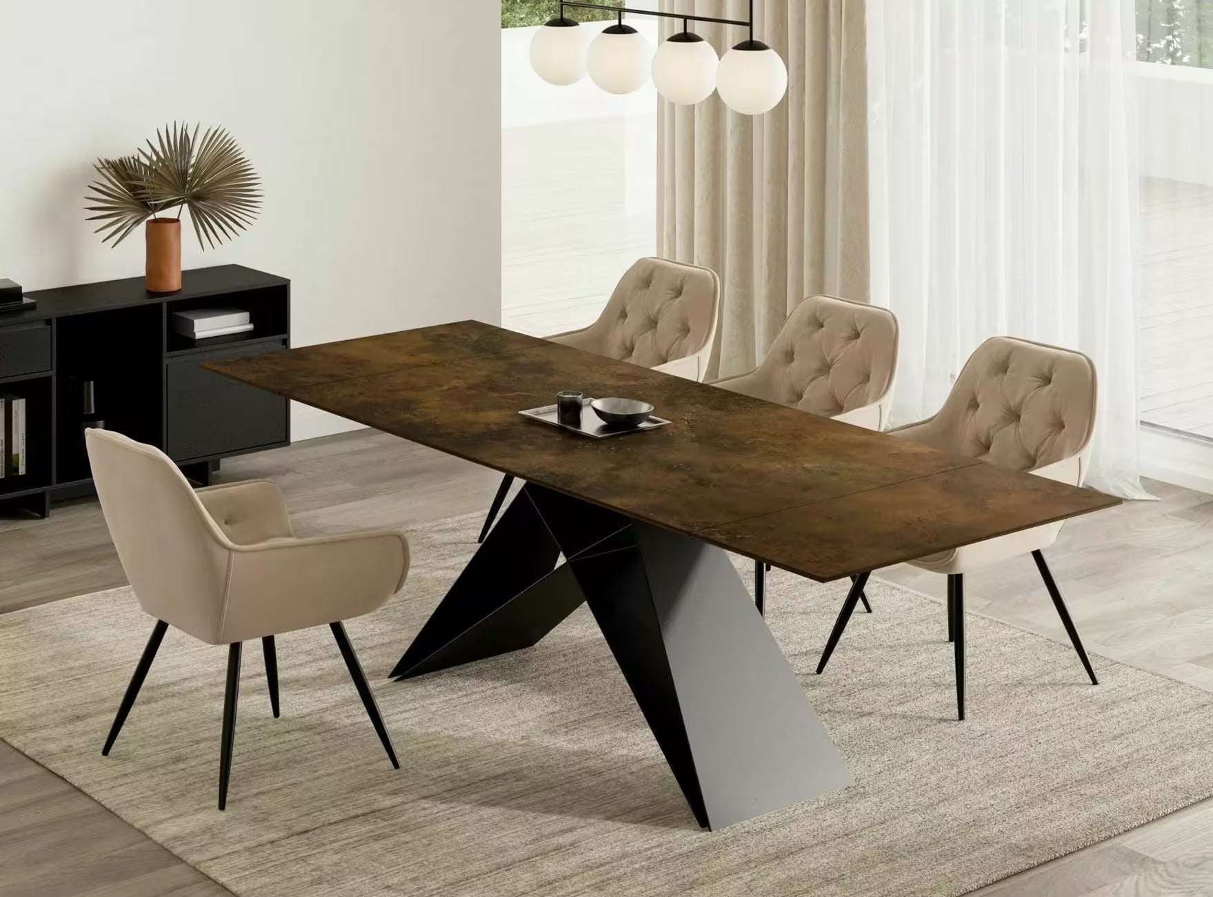 VEVANO Esstisch 160–240 cm – Design Keramiktisch ausziehbar (Rostfarben / Schwarz Matt)