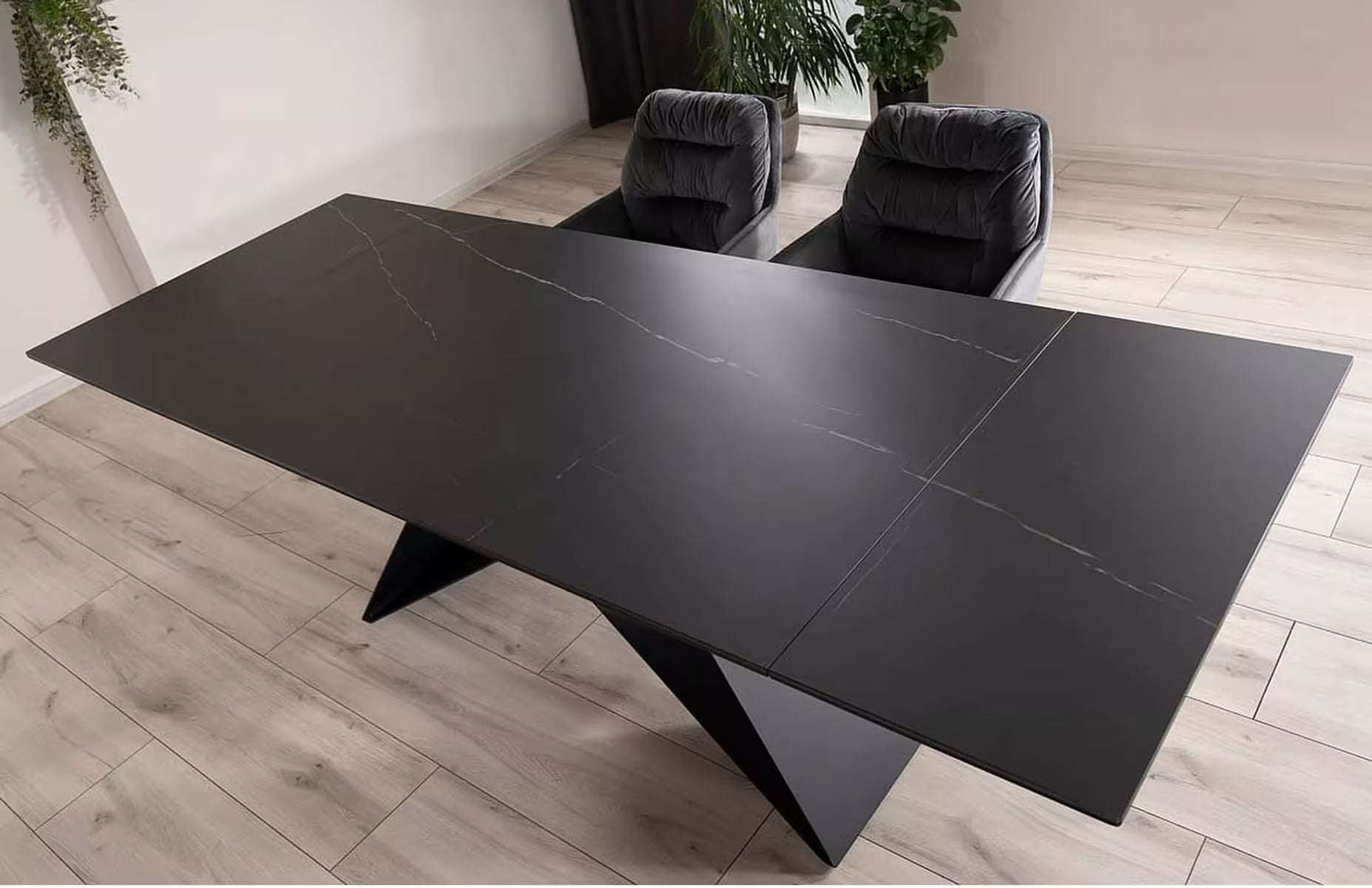 VEVANO Westin Esstisch 160–240 cm – Design Keramiktisch ausziehbar (Schwarz Marmor / Schwarz Matt)