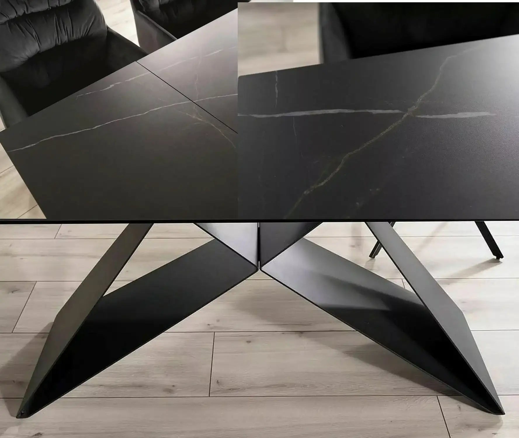 VEVANO Westin Esstisch 160–240 cm – Design Keramiktisch ausziehbar (Schwarz Marmor / Schwarz Matt)