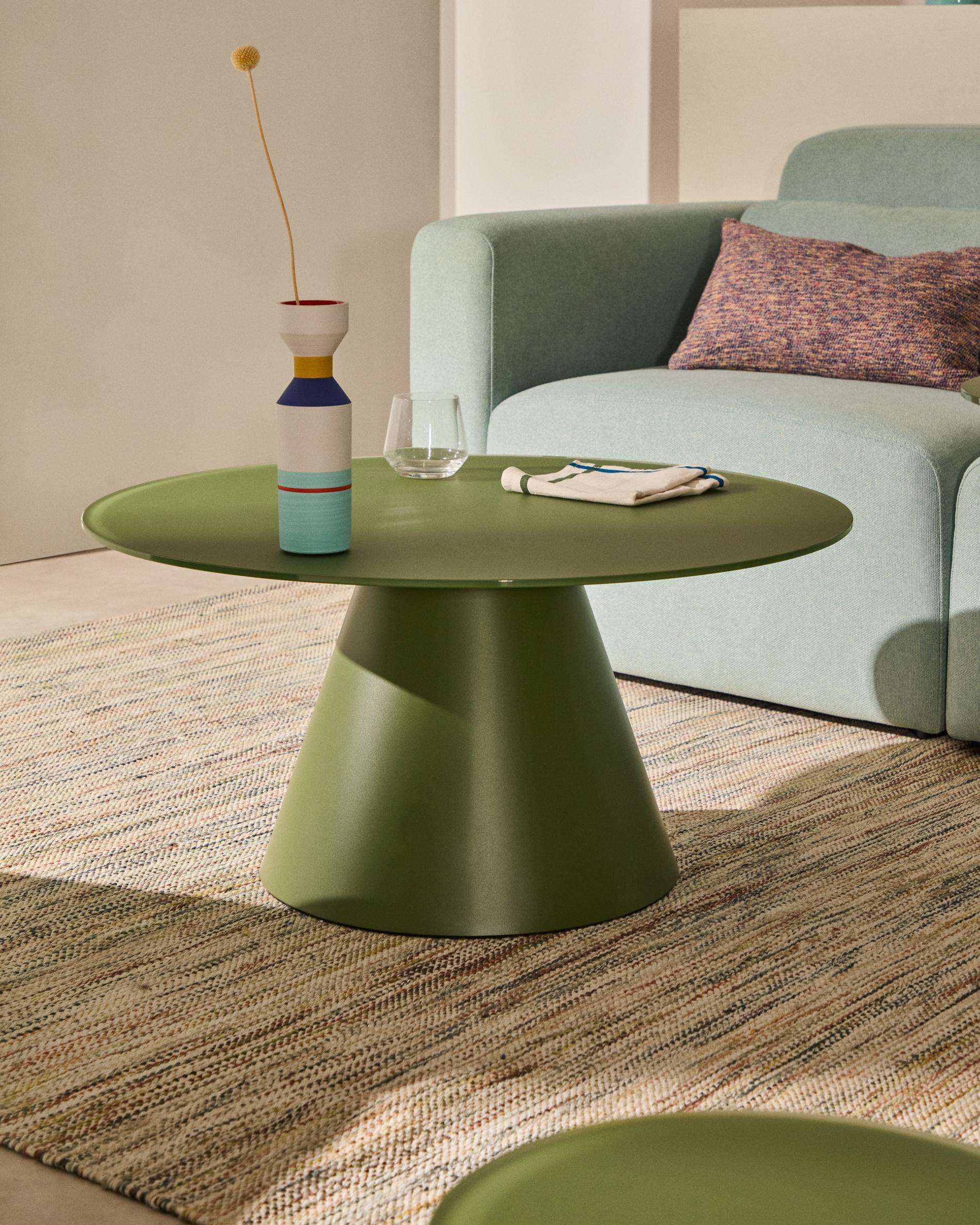 Wilshire Couchtisch Ø80 cm – Milchglas & Stahl in Grün (Modern Industrial Design)