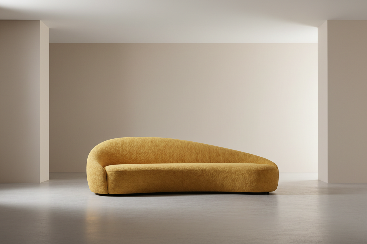 A modern editorial-style photograph of a large curved designer sofa in a minimalist studio. The sofa has a smooth, rounded shape and is upholstered in yellow textured fabric. Soft neutral background, high-fashion atmosphere, balanced composition, soft studio lighting, ultra-clean aesthetic, high resolution.