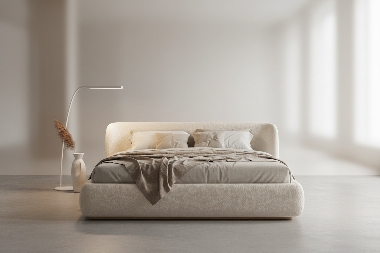 A modern editorial-style photograph of a large designer bed in a minimalist studio. The bed has a smooth, shape and is upholstered in beige textured fabric. Soft neutral background, high-fashion atmosphere, balanced composition, soft studio lighting, ultra-clean aesthetic, high resolution.