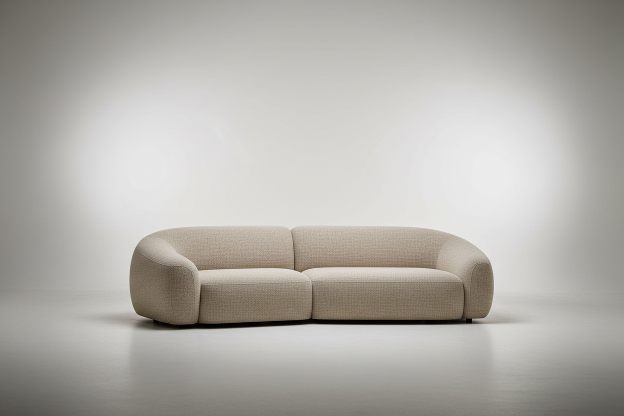 A modern editorial-style photograph of a large  designer sofa in a minimalist studio. The sofa has a smooth, rounded shape and is upholstered in beige textured fabric. Soft neutral background, high-fashion atmosphere, balanced composition, soft studio lighting, ultra-clean aesthetic, high resolution.