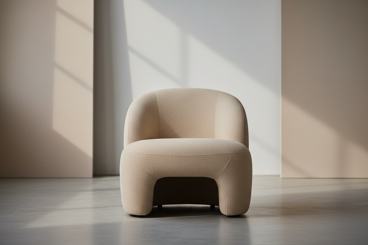 A modern editorial-style photograph of a large  designer stool in a minimalist studio. The stool has a smooth, rounded shape and is upholstered in beige textured fabric. Soft neutral background, high-fashion atmosphere, balanced composition, soft studio lighting, ultra-clean aesthetic, high resolution.