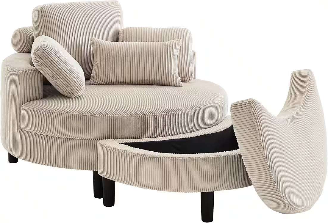 Loveseat / Sessel in Cord Creme / Beige mit Stauraumhocker