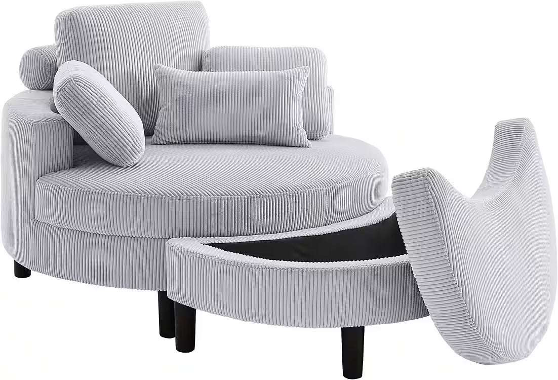 Loveseat / Sessel in Cord Hellgrau mit Stauraumhocker