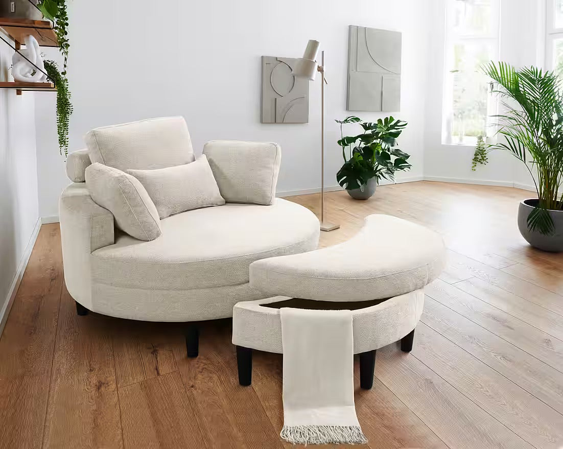 Loveseat / Sessel in Struktur Beige mit Stauraumhocker