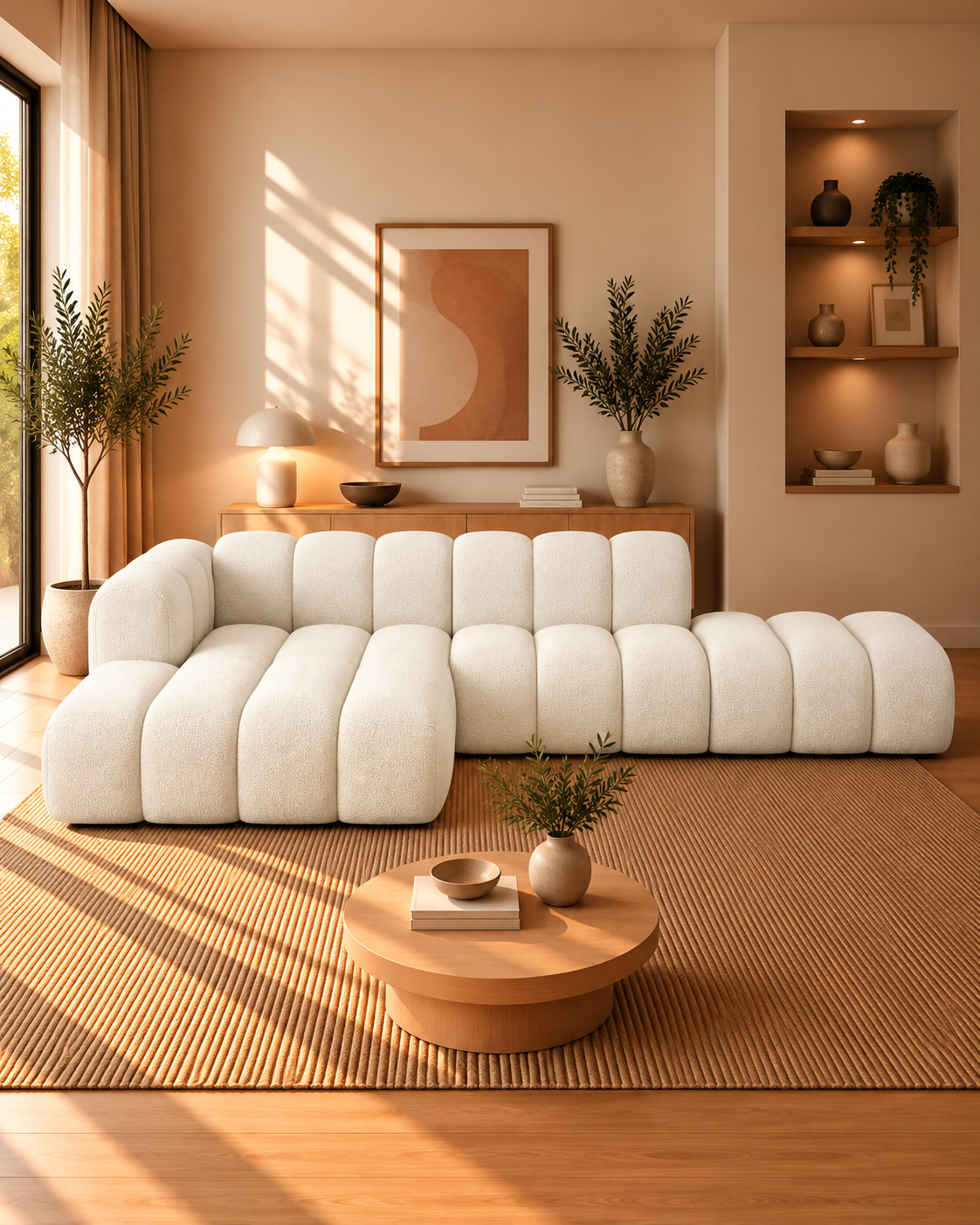 Grandé Modulsofa, offenes Ecksofa aus Bouclé (5-Sitzer), 299 cm