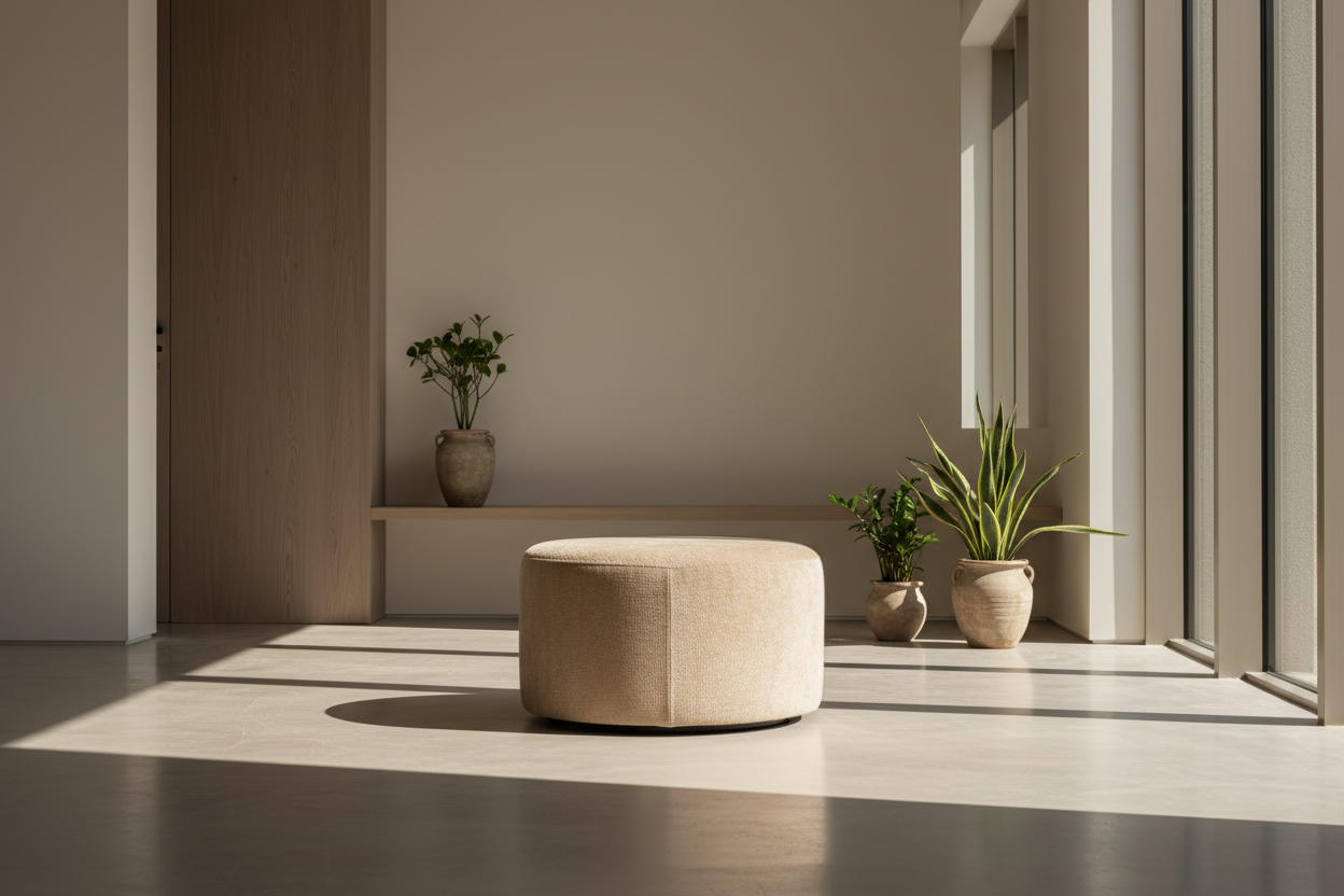 Minimal modern interior, upholstered beige stool centered, clean architectural space, soft directional light, subtle shadows, warm neutral tones, editorial furniture photography, photorealistic
