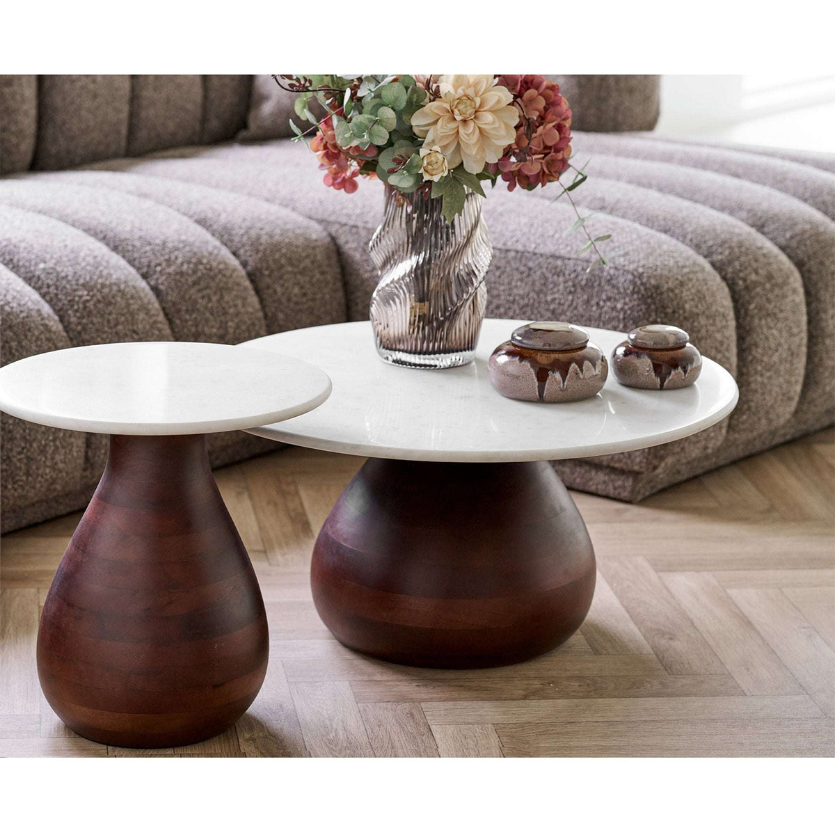 PolsterOase Möbel – Heide Couchtisch, Mangoholz/Marmor, dunkelbraun/weiß Ø70×35 cm – Ansicht 2