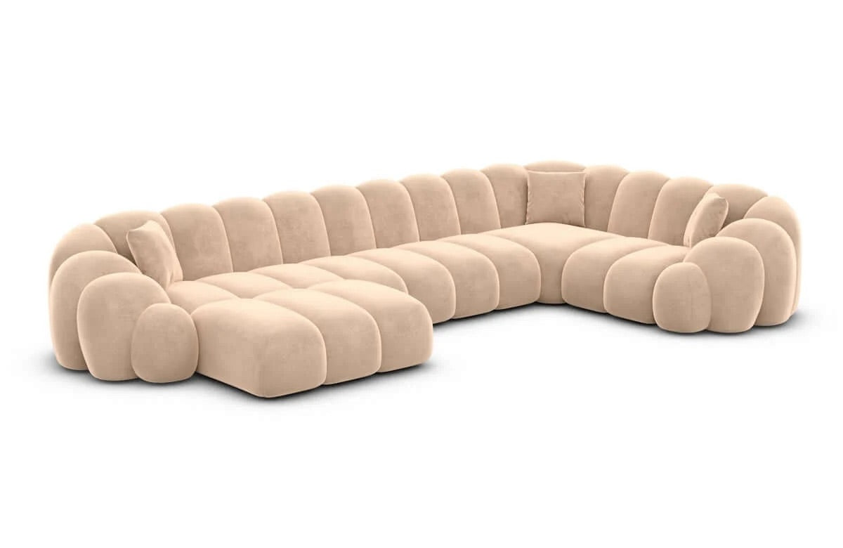 Sofa Wohnlandschaft in Samt Beige, 357 cm Breite