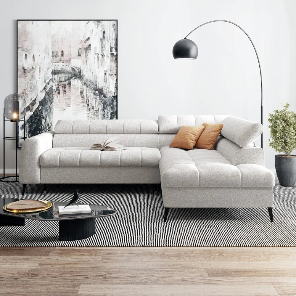 Vincent Ecksofa in L Form aus Strukturstoff mit Schlaffunktion und Bettkasten