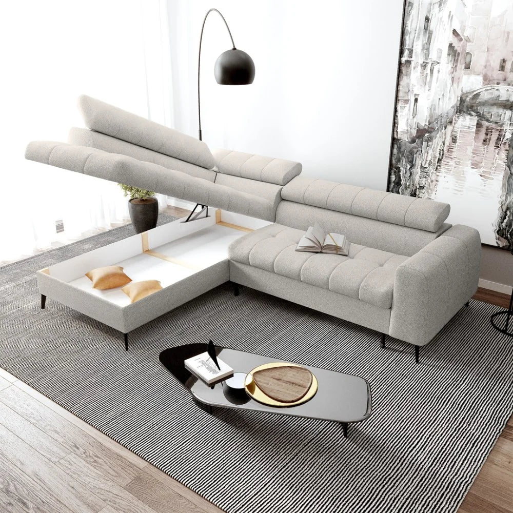 Vincent Ecksofa in L Form aus Strukturstoff mit Schlaffunktion und Bettkasten
