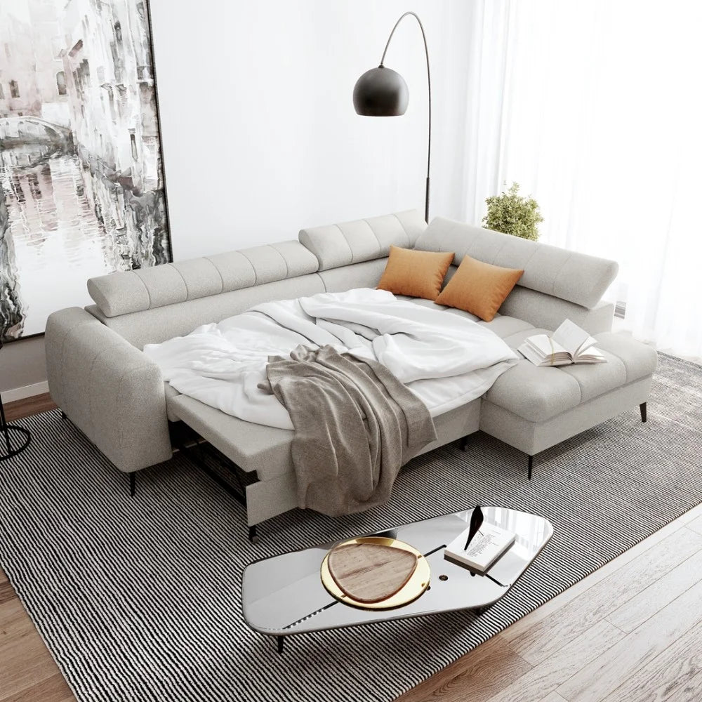 Vincent Ecksofa in L Form aus Strukturstoff mit Schlaffunktion und Bettkasten