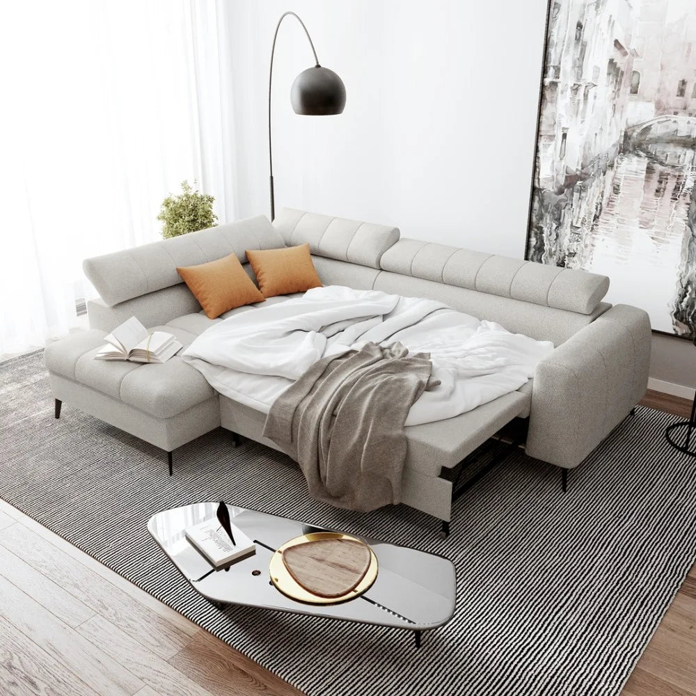 Vincent Ecksofa in L Form aus Strukturstoff mit Schlaffunktion und Bettkasten